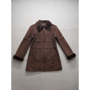 Style&Co Women Jacket S Brown Suede Faux Fur Trim Full Zip Warm Winter Dressy
